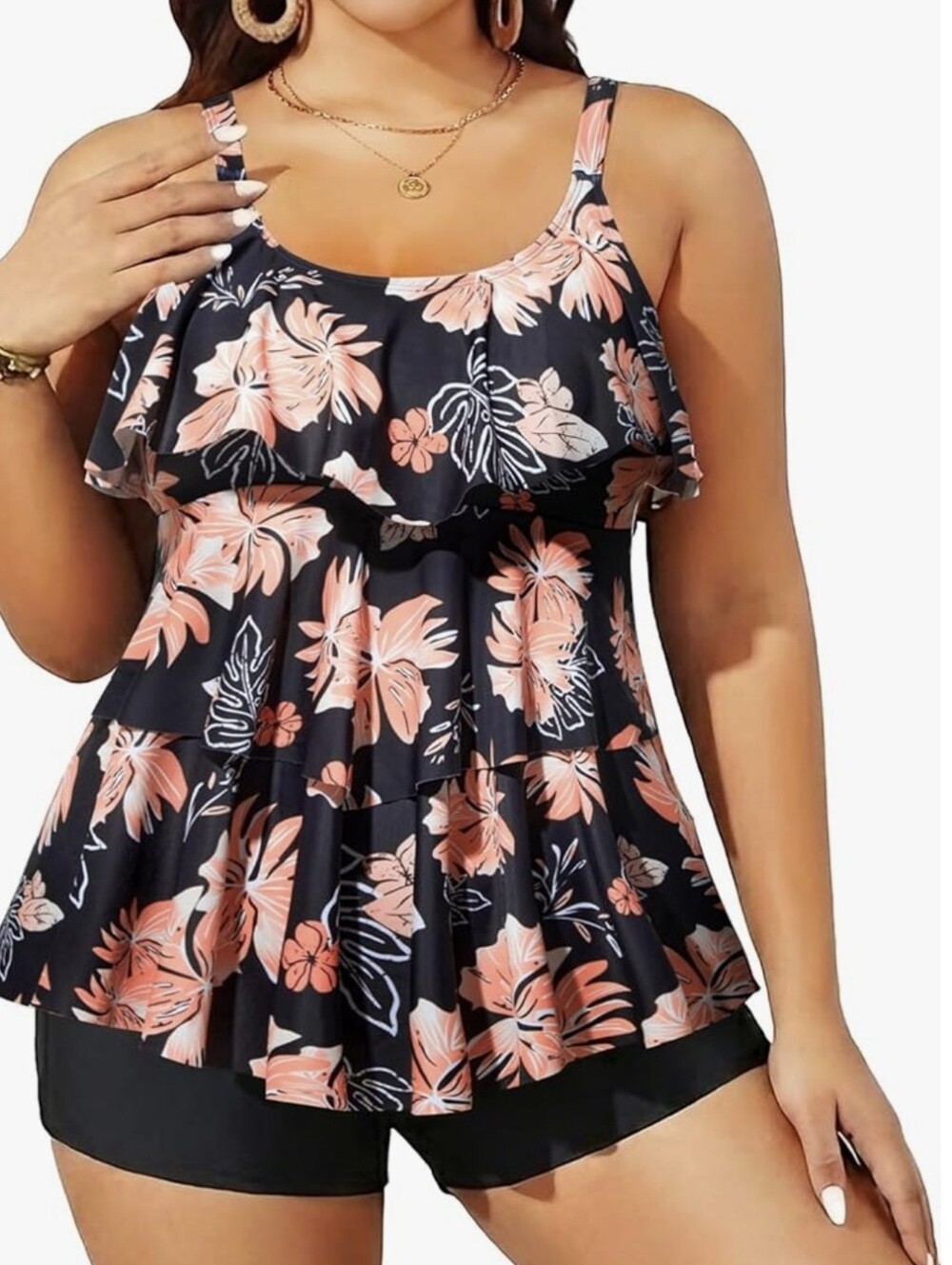 Women's Floral Ruffle Swimsuit Tankini Top - Black with Peach Floral